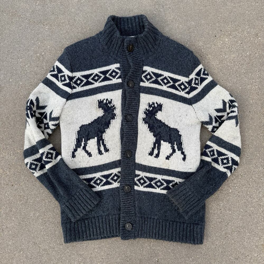Y2K Abercrombie & Fitch Fair Isle Cabin Cardigan Blue Moose Wool Sweater Sherpa